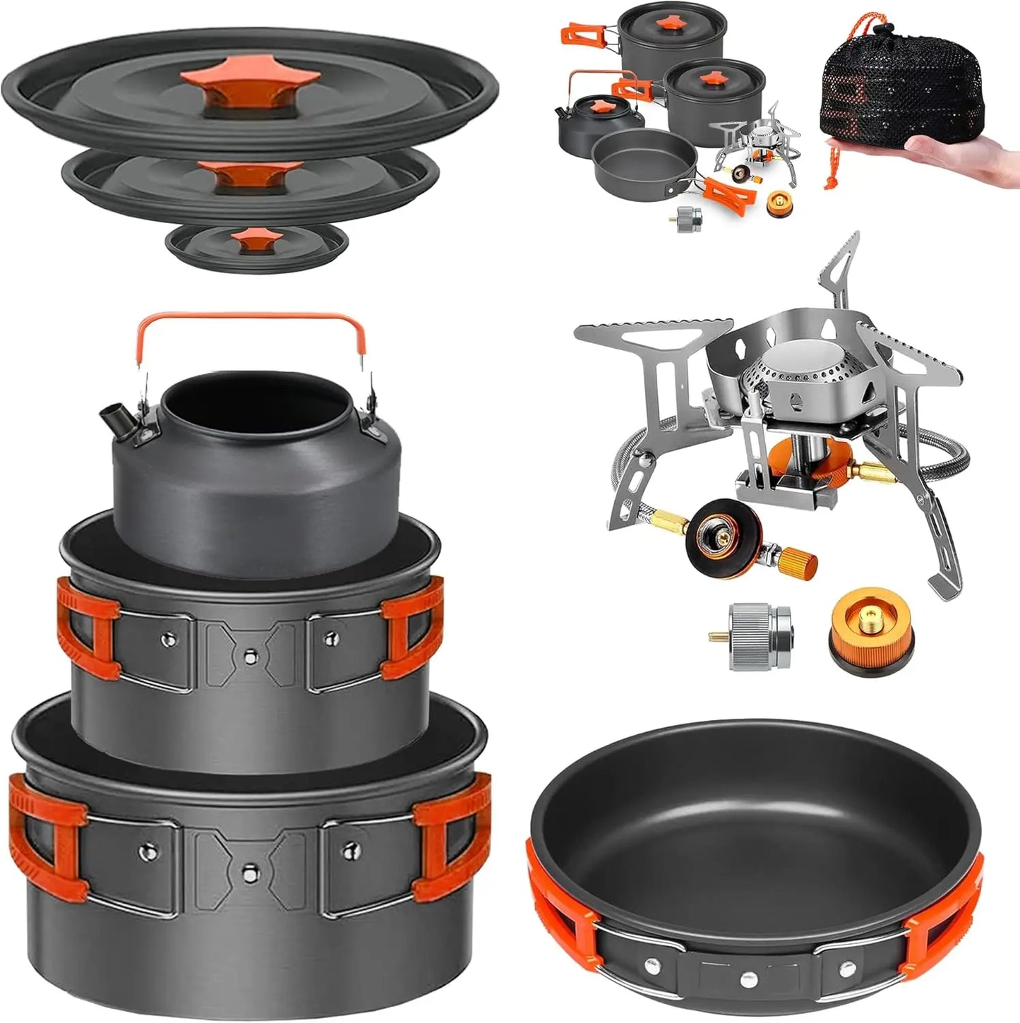 Camping Cookware MKit Set with Stove – All-in-One Non-Stick Backpacking Kit