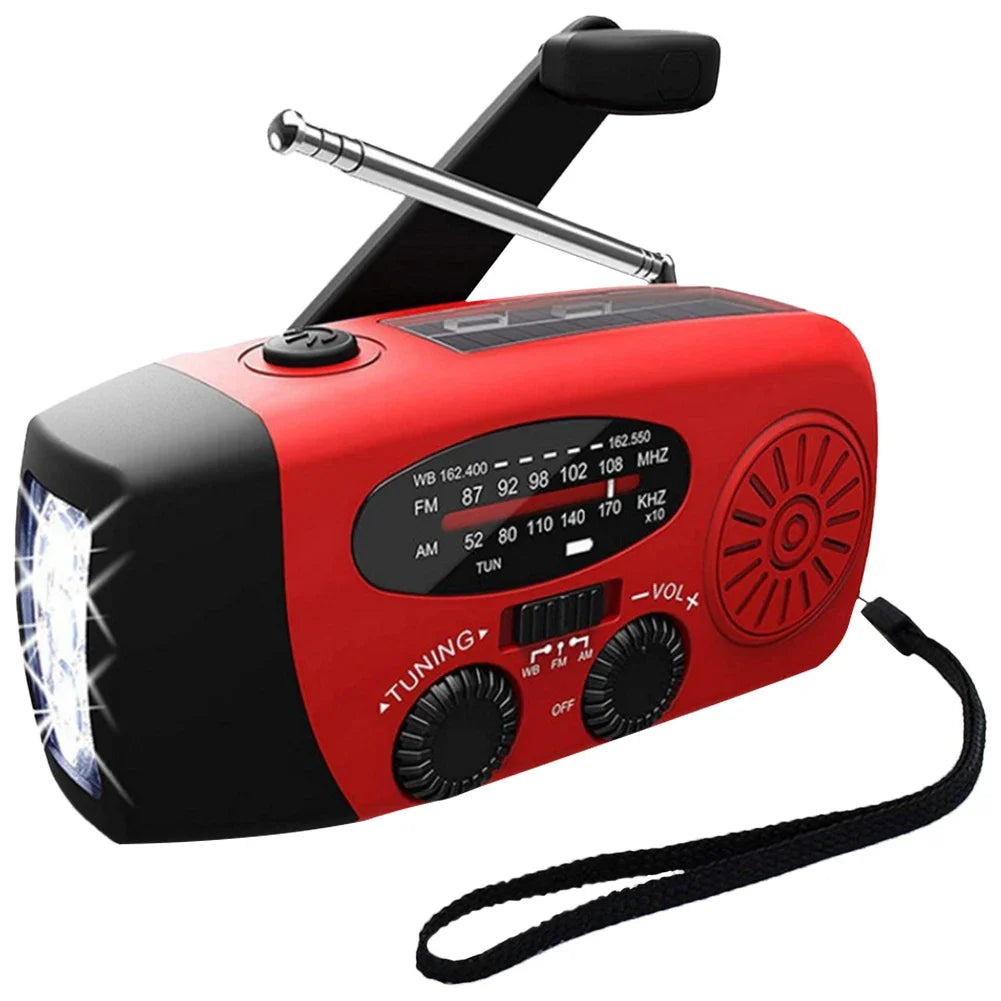 Portable Emergency Crank Radio — Solar & Hand Crank, FM/AM/WB + LED Flashlight
