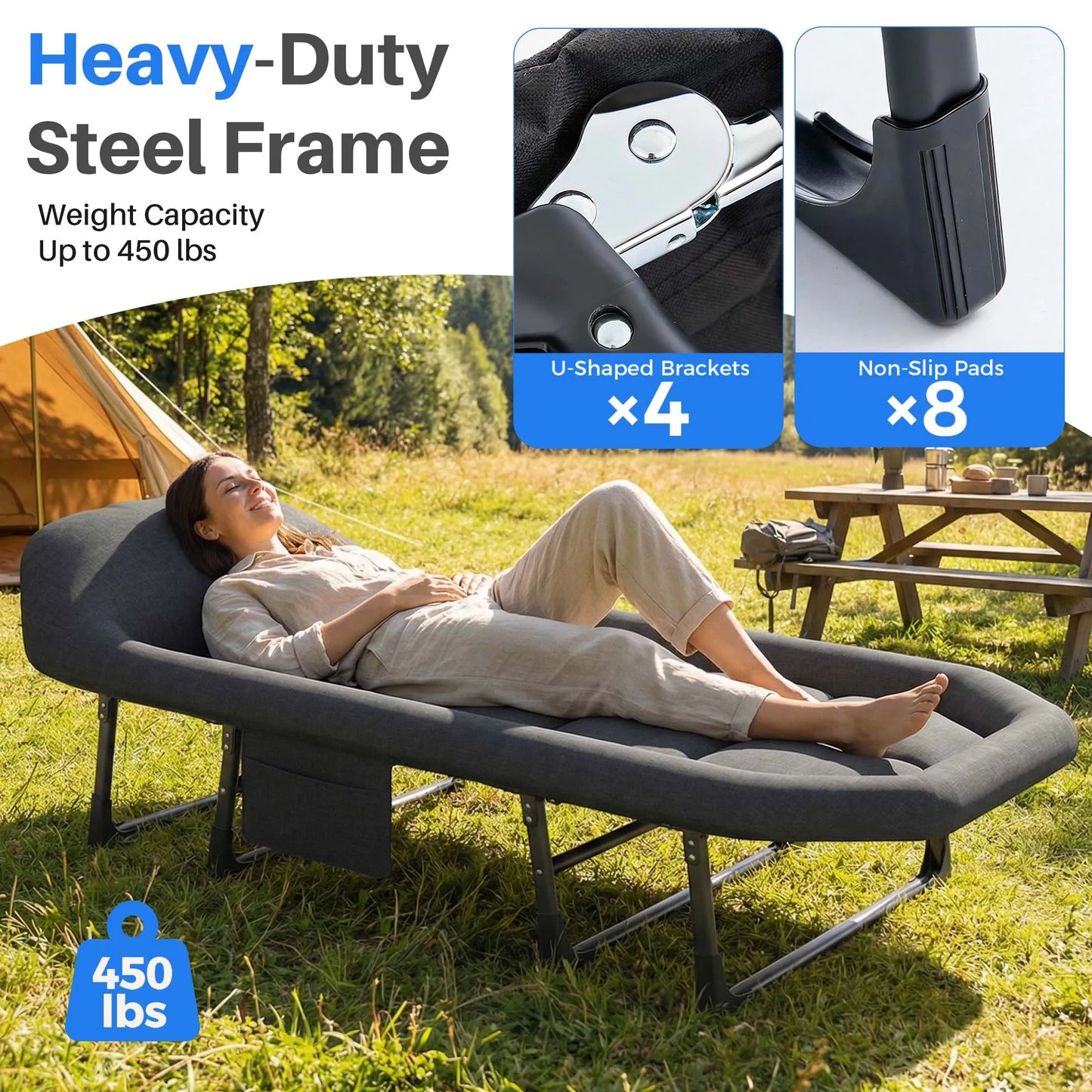 Folding Camping Cot with Mattress Supports 450 LB, with Carry Bag