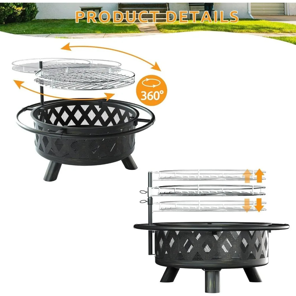 30 Inch Wood Burning Fire Pit - BBQ Grill Grate, Spark Screen, Poker, Lid