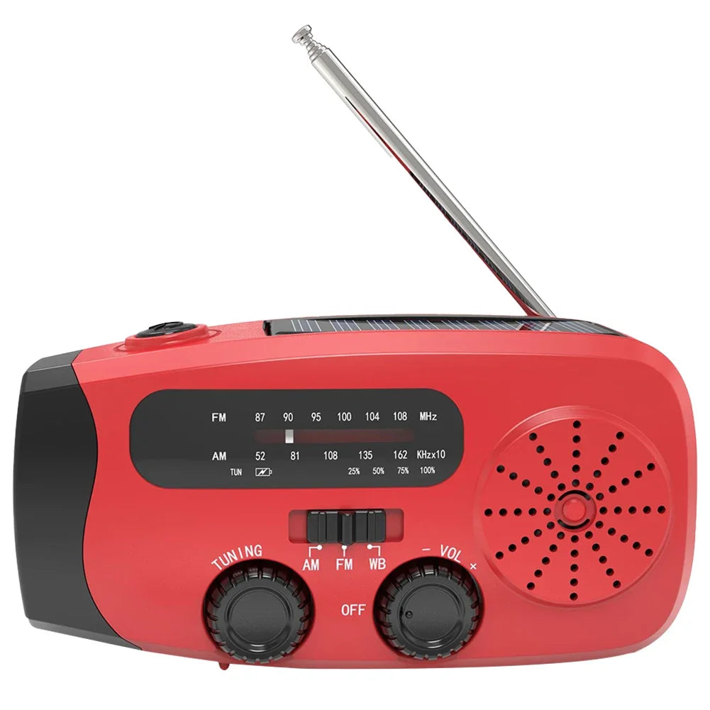Portable Emergency Crank Radio — Solar & Hand Crank, FM/AM/WB + LED Flashlight