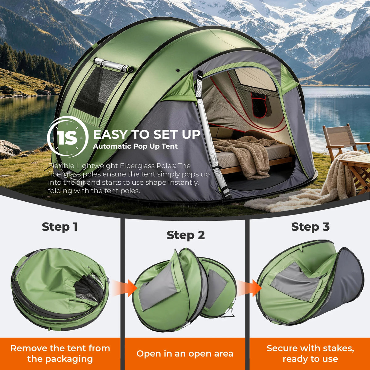 4-Person Pop-Up Camping Tent — Instant Auto Setup, Front Awning, 2000–3000mm Waterproof