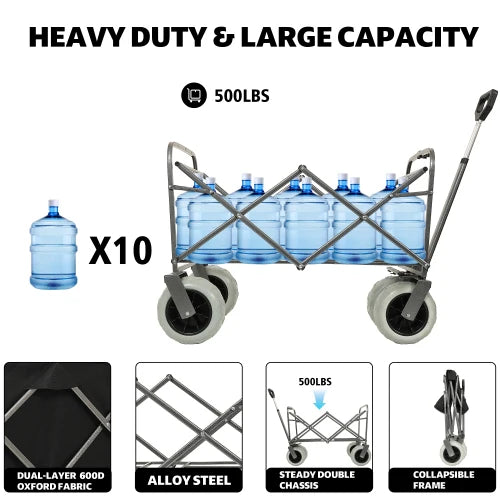 500 lb All-Terrain Steel Frame Collapsible Beach Wagon | Heavy-Duty Utility Sand Cart