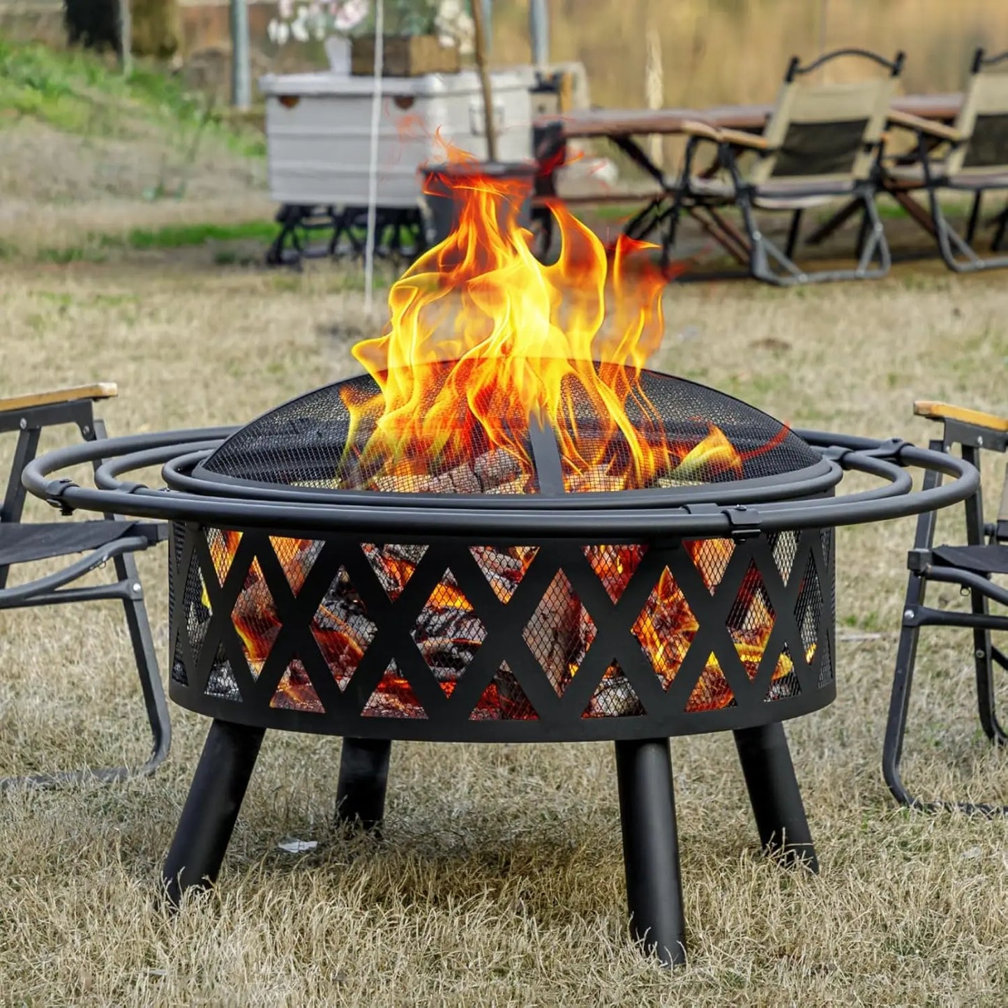36 Inch Wood Burning Fire Pit with Spark Screen & Fire Poker