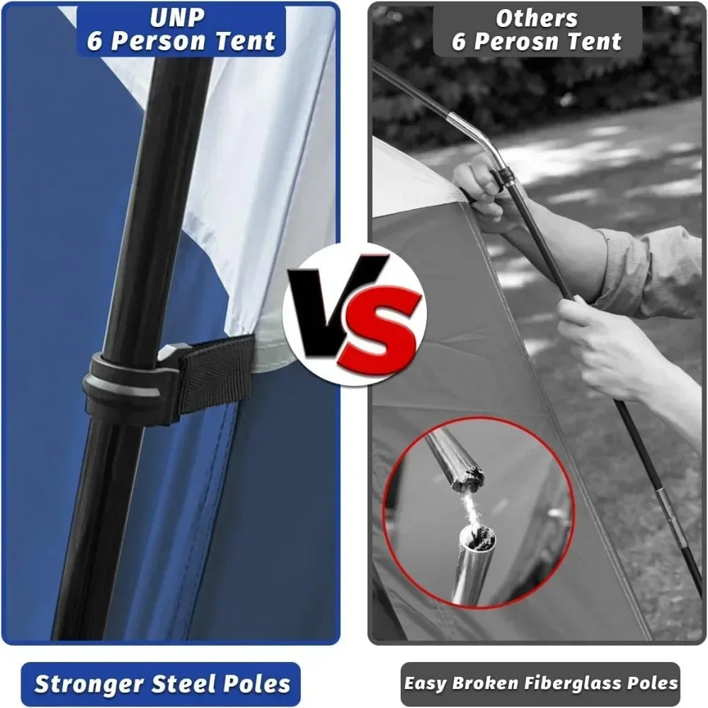 6 Person Waterproof,  Windproof, Double Layer Family Tent with 1 Mesh Door & 5 Large Mesh Win
