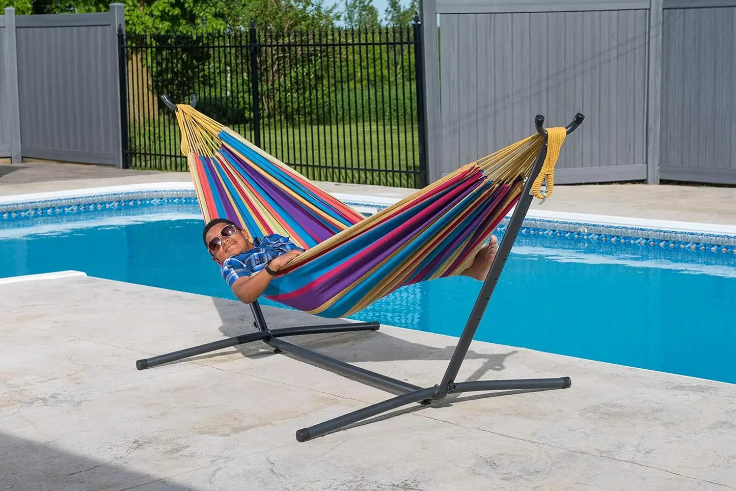 Activity limited-time priceDouble Cotton Hammock with Space Saving Steel Stand, Upgraded Polyester End Strings 450 lb Capacity -