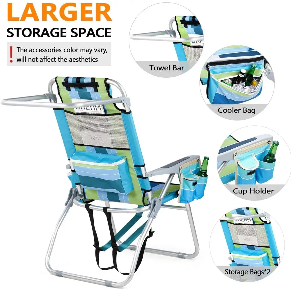 Tall Beach Chair 2-Pack — Backpack Style, 5-Position, Cooler Bag & Cup Holders