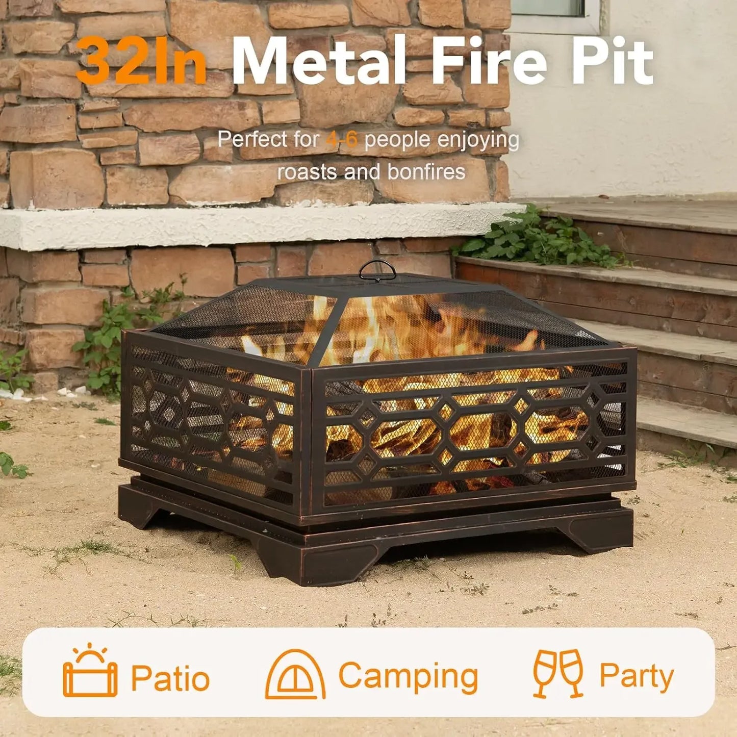 Outdoor Fire Pit, 32 Inch Wood Burning Firepit for Outside with Mesh Cover & Fire Poker, Large Square Metal, Customized