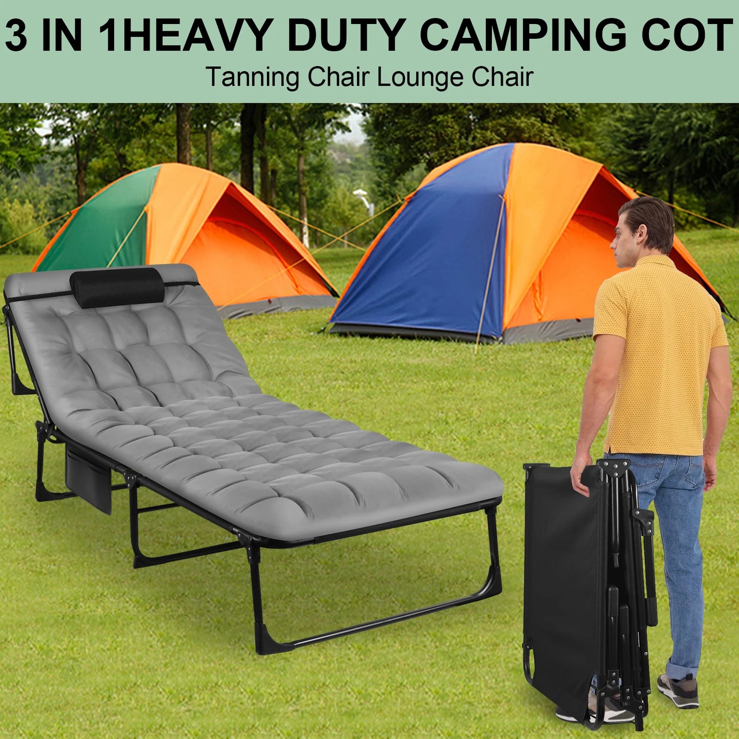 Folding Camping Cot - 3-Position with Pillow