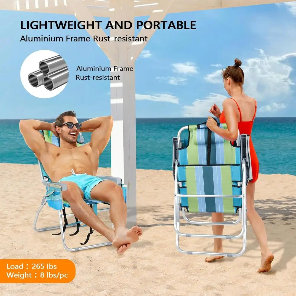 Tall Beach Chair 2-Pack — Backpack Style, 5-Position, Cooler Bag & Cup Holders