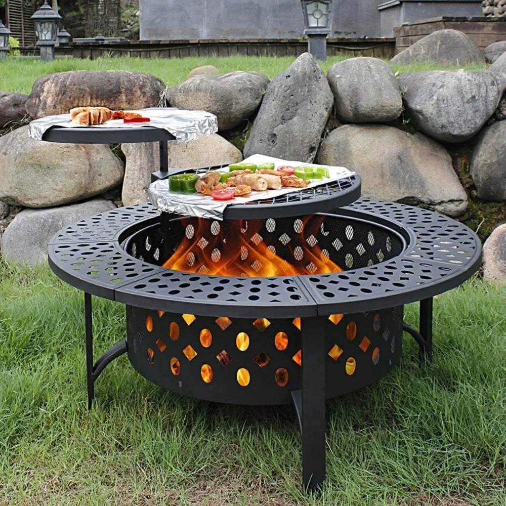 Fire Pit with 2 Grills, Lid, Poker and Waterproof Cover
