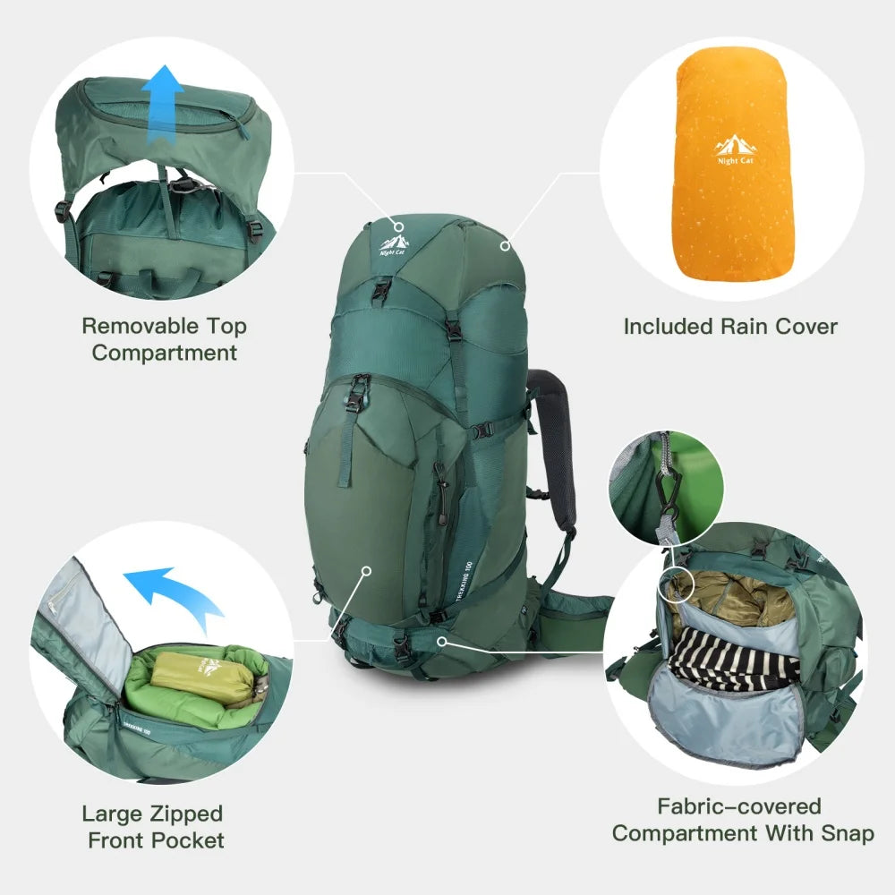 Internal-frame Hiking Backpack: 100L, Waterproof Rain Cover