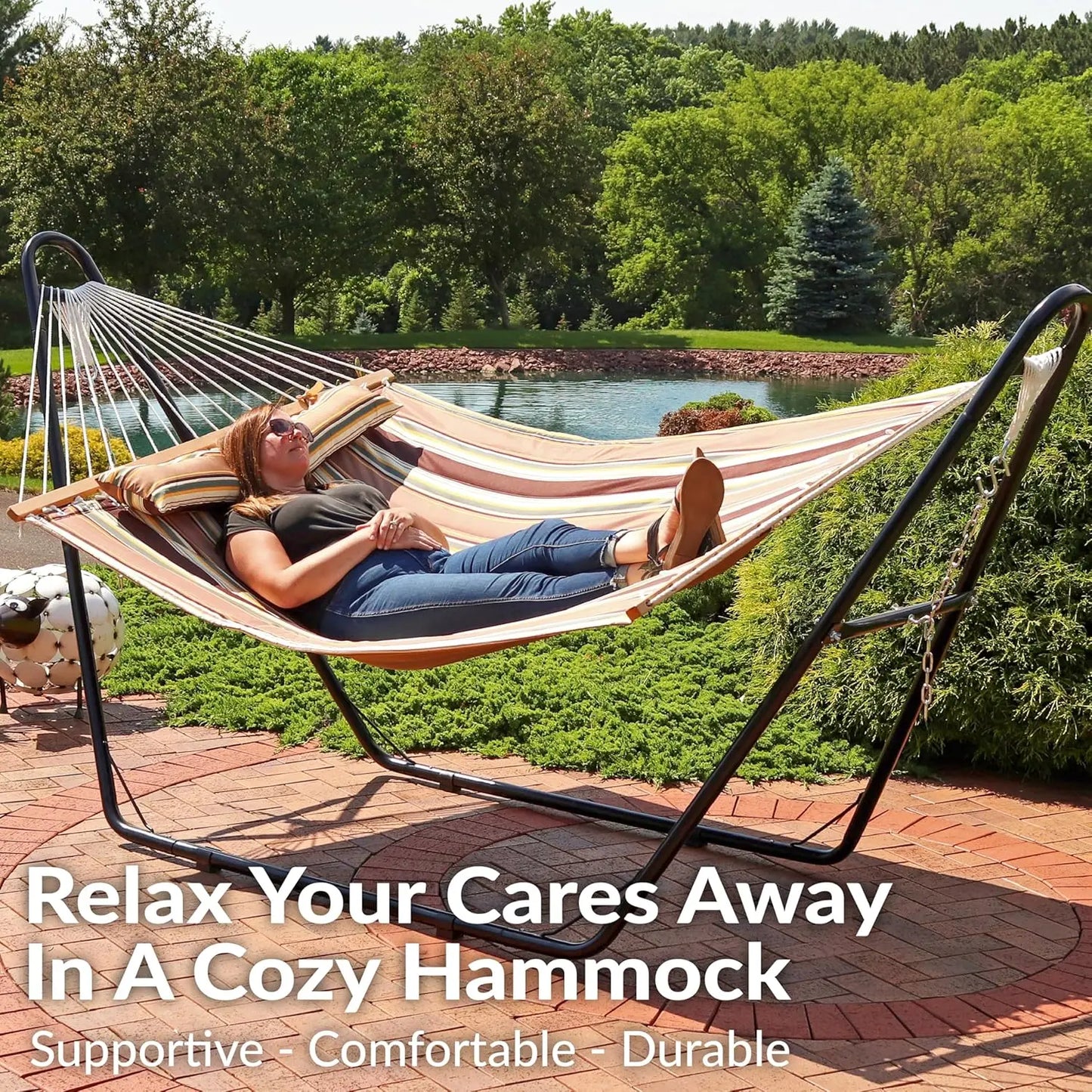 Double Quilted Fabric Hammock with Steel Stand 450lb Capacity Outdoor Patio 2 Person Black Stand Sandy Beach, Customized