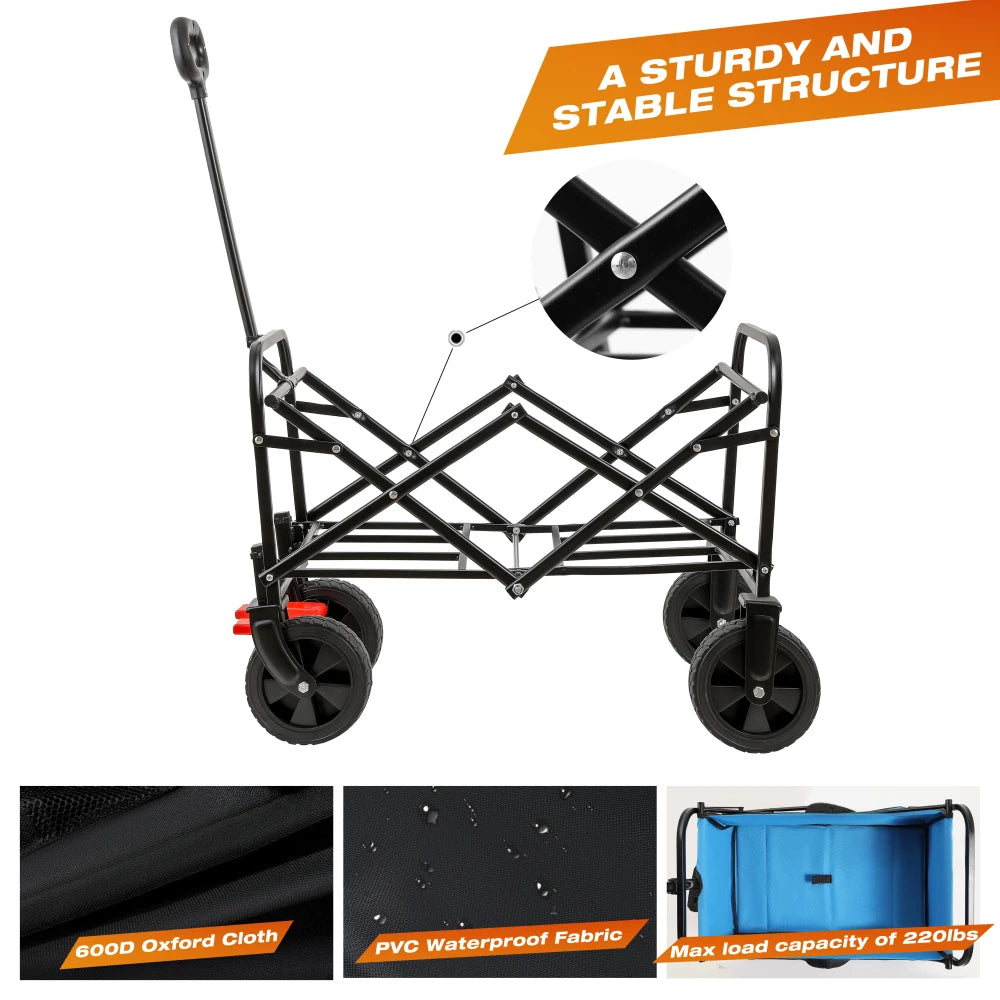 Folding Utility Wagon – 150 lb Capacity Beach, Garden & Camping Cart with Brakes