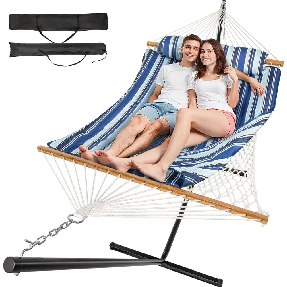2-Person Cotton Rope Hammock Adjustable Steel Stand
