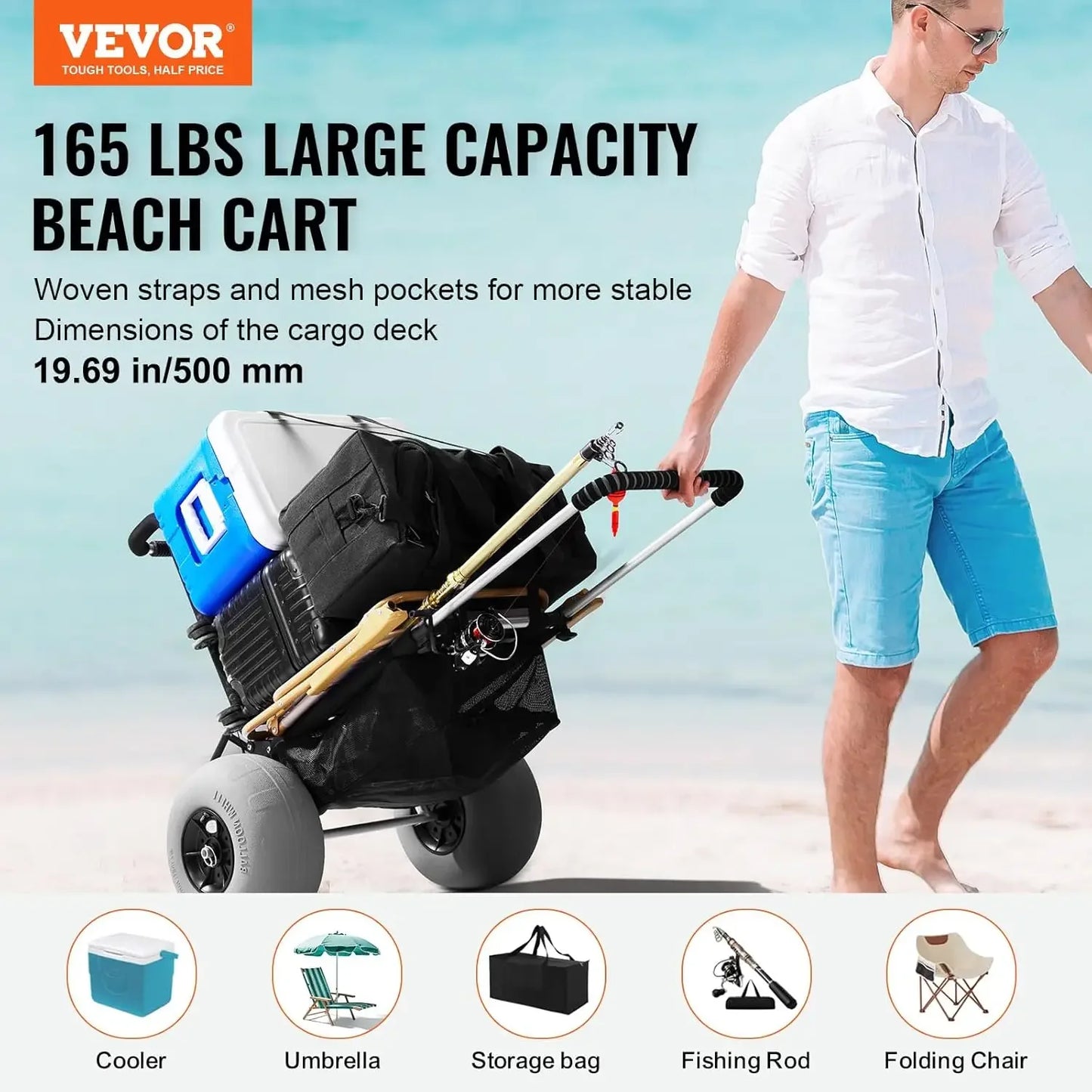 Beach Dolly with 12" Balloon Wheels | 29.9" x 15.4" Cargo Deck Sand Cart