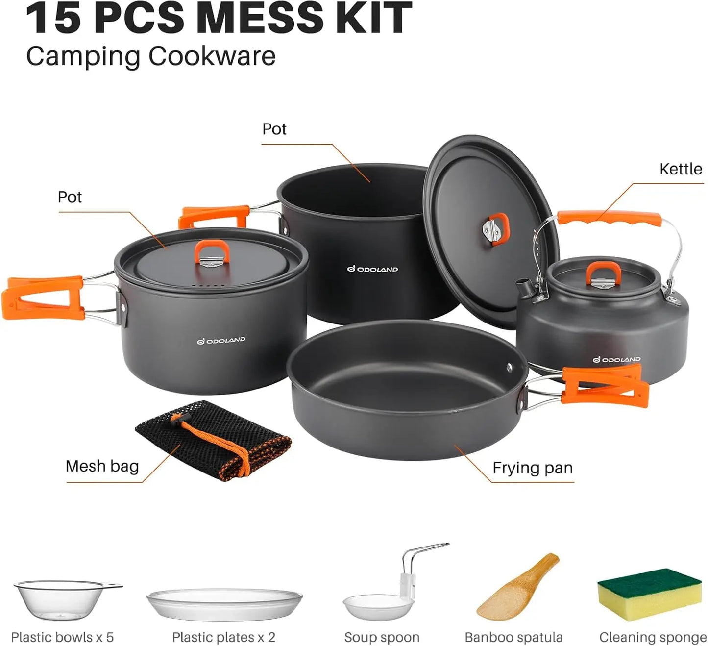 15-Piece Non-Stick Camping Cookware Set | Lightweight Backpacking Pots & Pans with Kettle