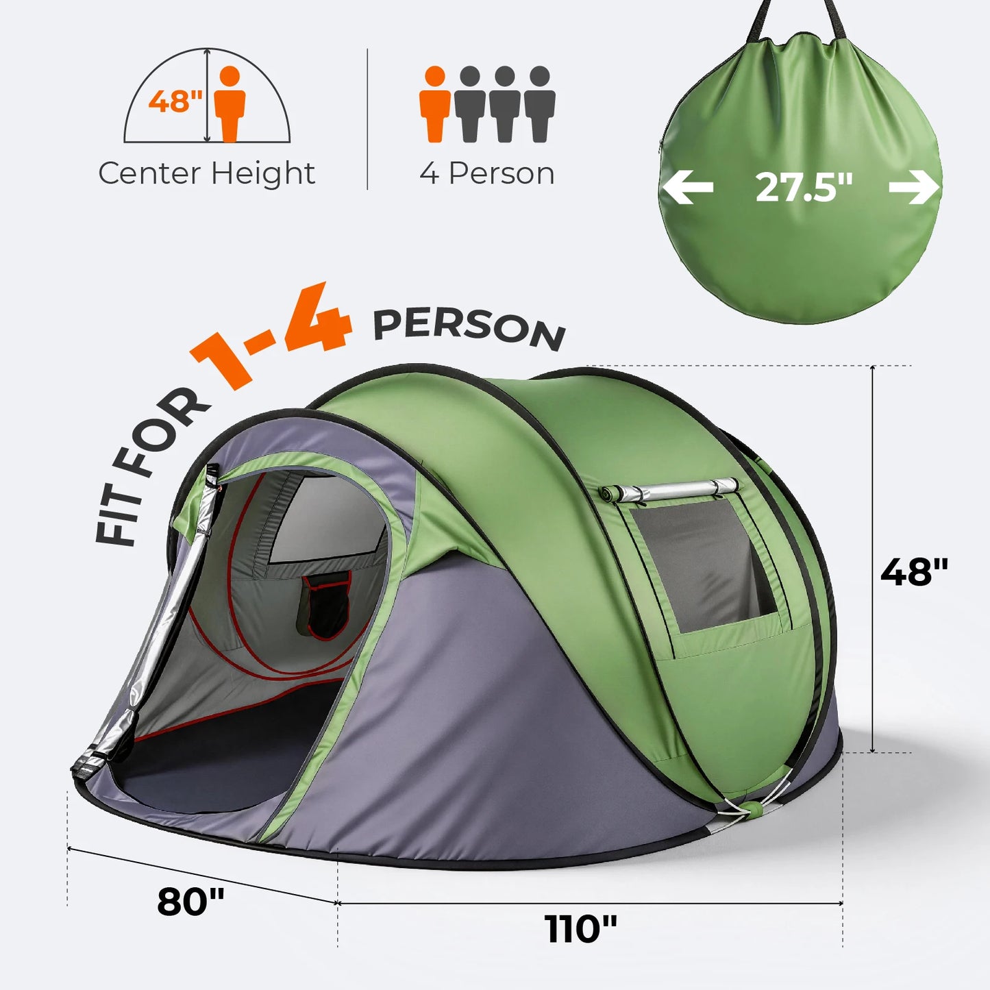 4-Person Pop-Up Camping Tent — Instant Auto Setup, Front Awning, 2000–3000mm Waterproof