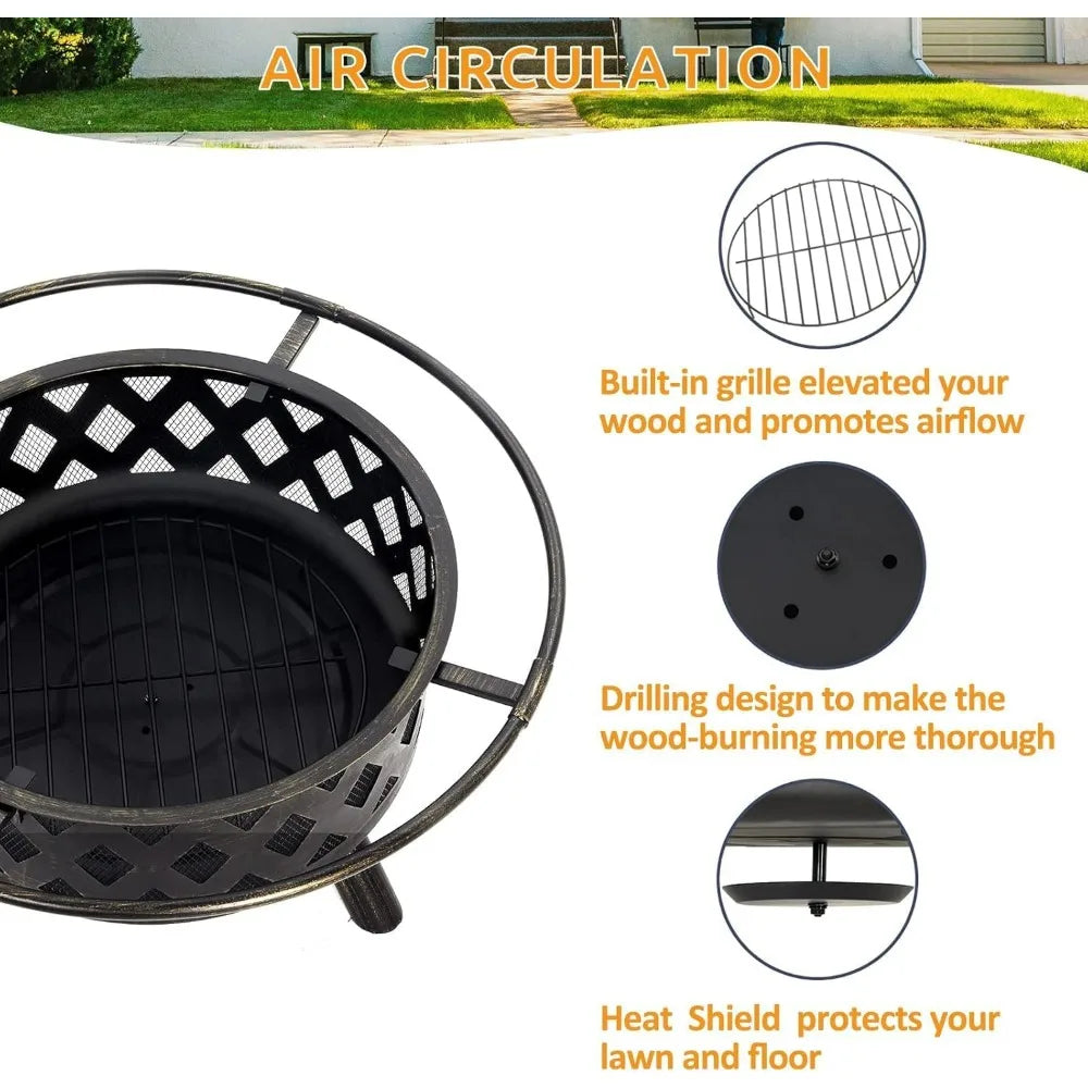 30 Inch Wood Burning Fire Pit - BBQ Grill Grate, Spark Screen, Poker, Lid