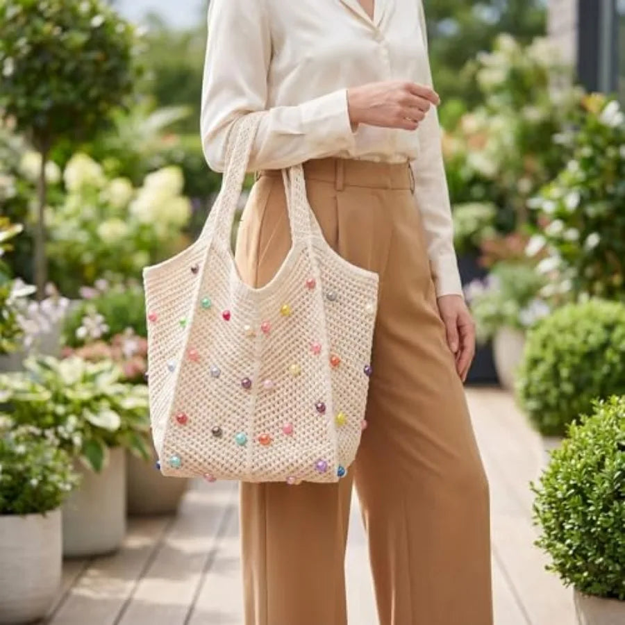 Boho Crochet Beach Tote Bag | Colorful Beaded Knit Shoulder Bag for Women