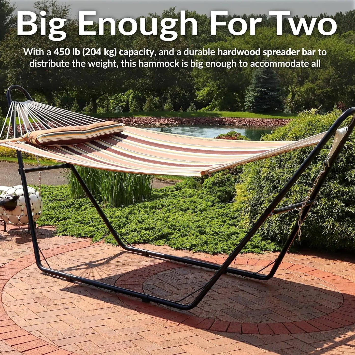 Double Quilted Fabric Hammock with Steel Stand 450lb Capacity Outdoor Patio 2 Person Black Stand Sandy Beach, Customized
