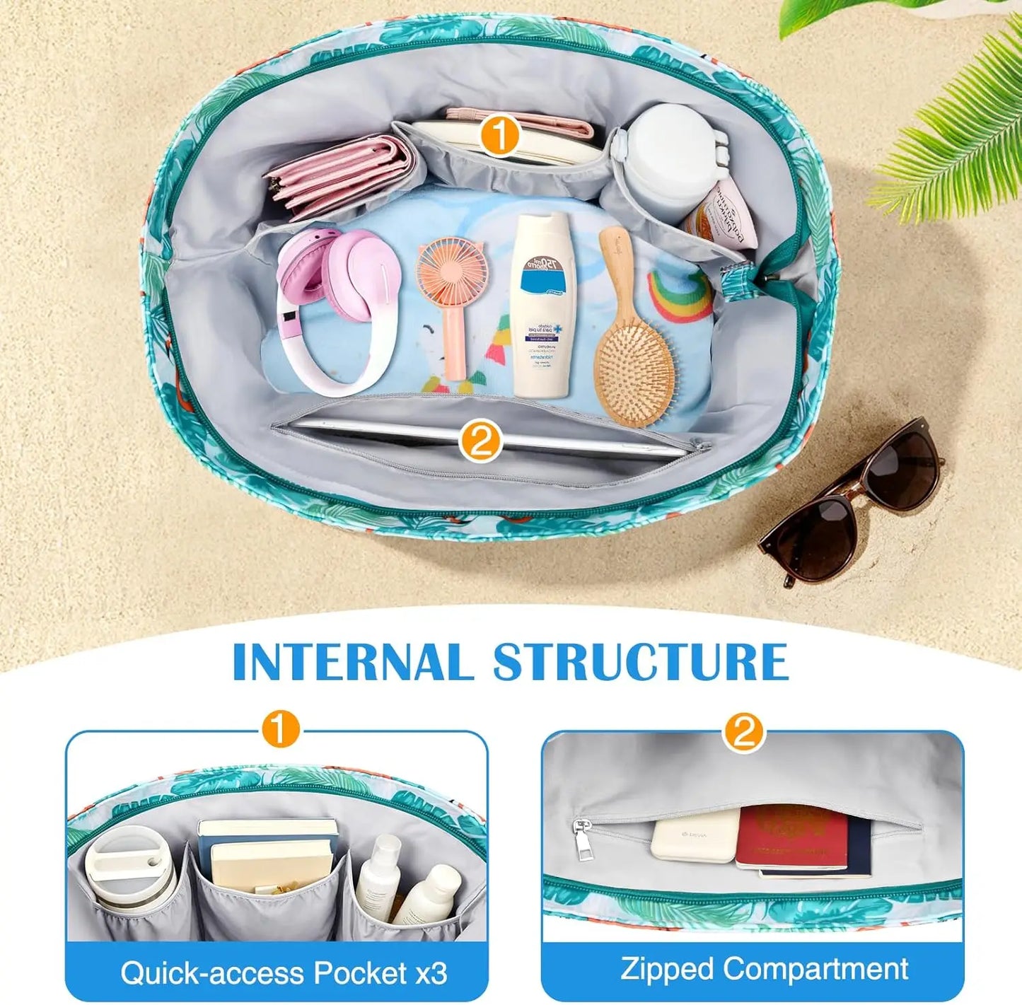 Large Beach Bag with Zipper, Waterproof, Sandproof, with Wet Pocket
