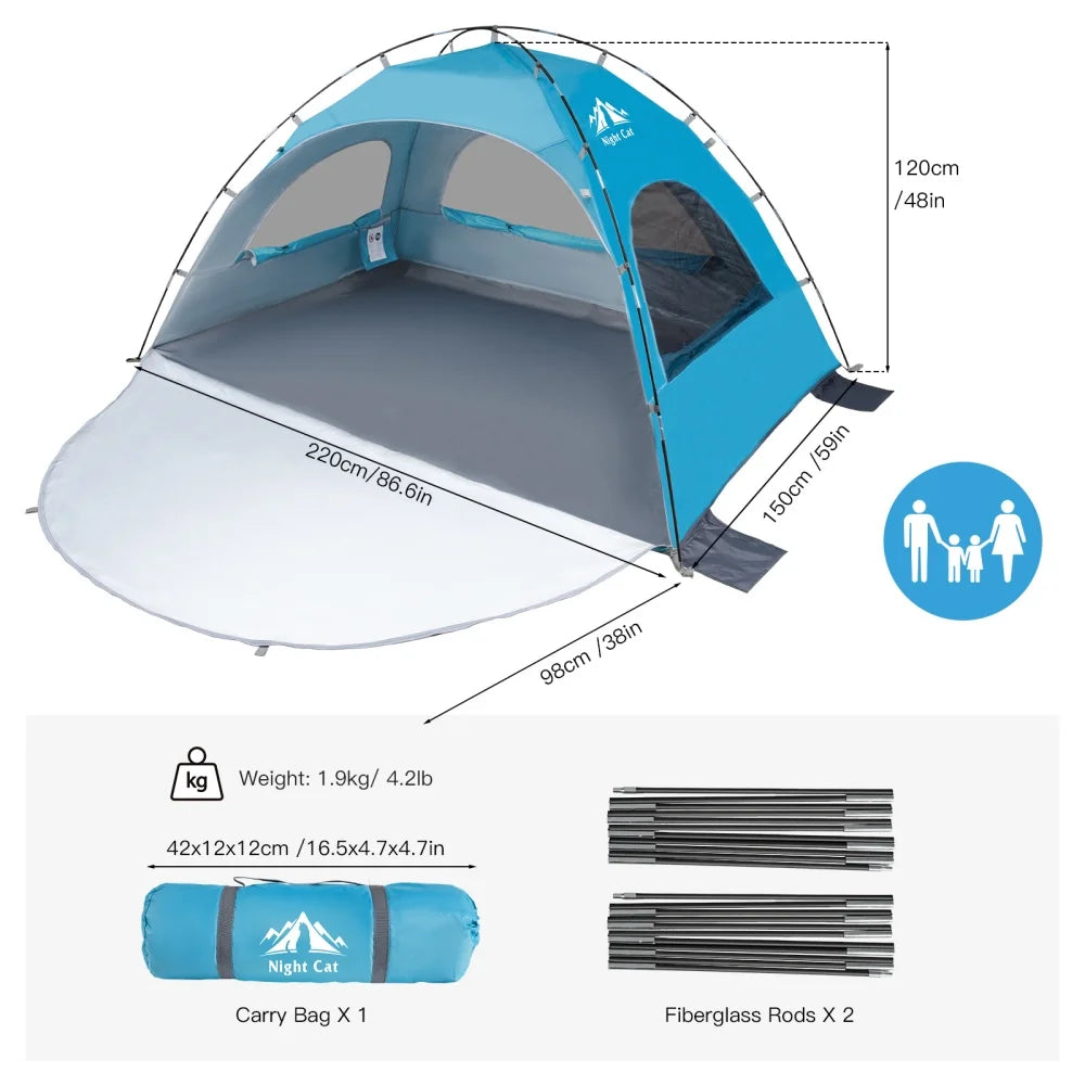 Night Cat Beach Tent Sun Shade Shelter 2–4 Person – UV Protection, Mesh Windows, Easy Setup