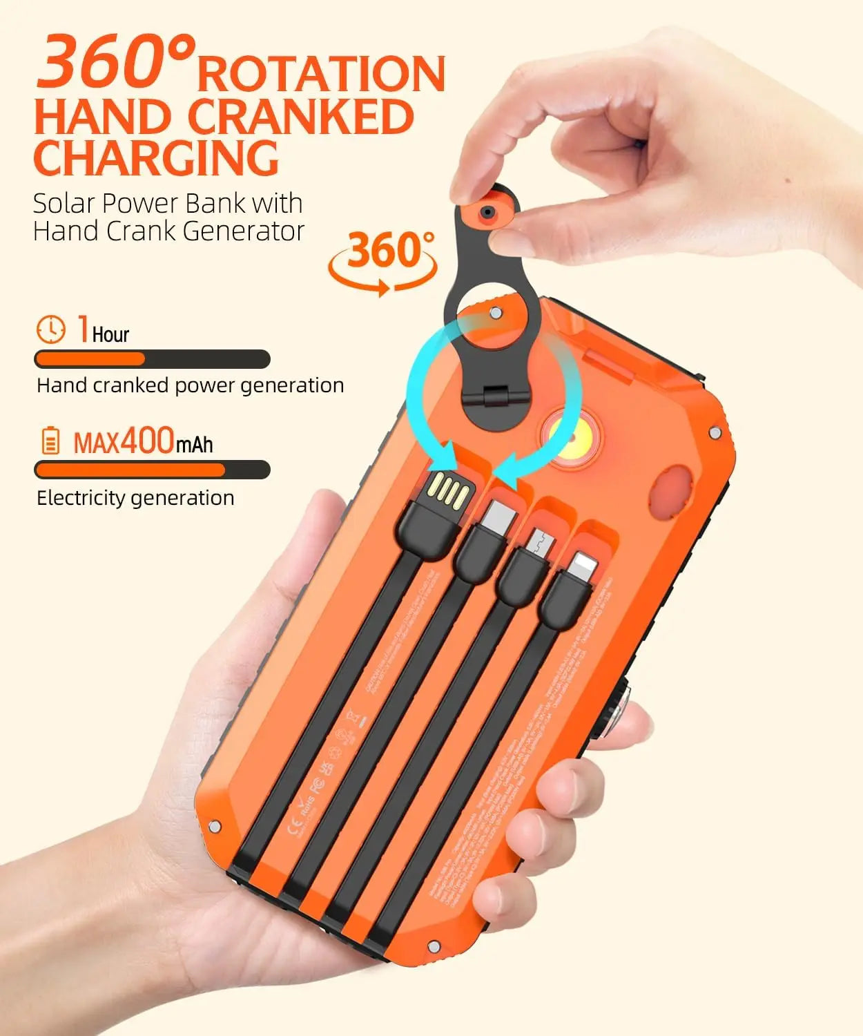Solar Charger Power Bank 40000mAh Built in 4 Cables and Hand Crank