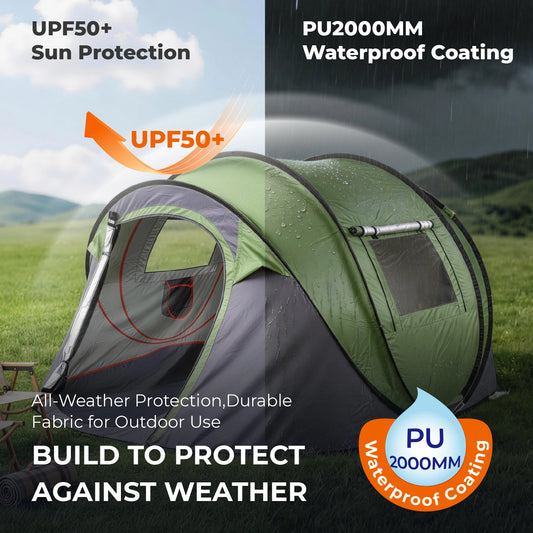 4-Person Pop-Up Camping Tent — Instant Auto Setup, Front Awning, 2000–3000mm Waterproof