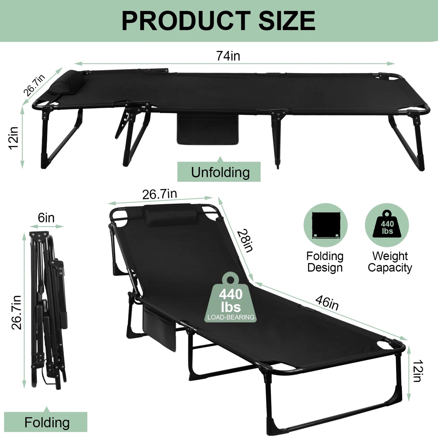 Folding Camping Cot - 3-Position with Pillow
