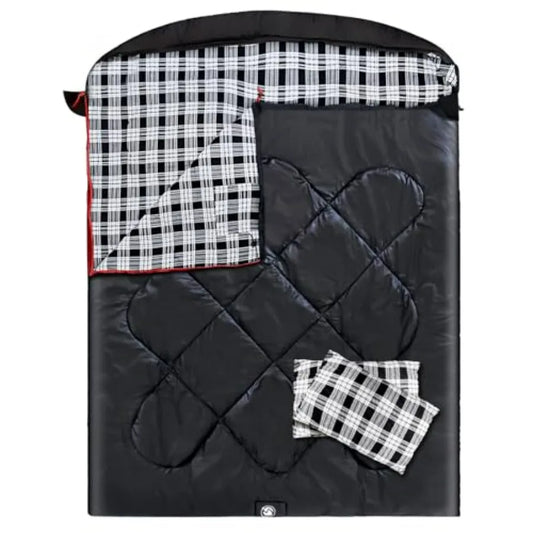 Camping sleeping bag for adults, flannel cotton, gray, double-person XXL queen size with 2 pillows for cold weather