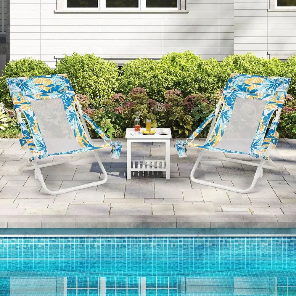 Folding Low Beach Chair, Set Of 2 With Padded Head Pillow