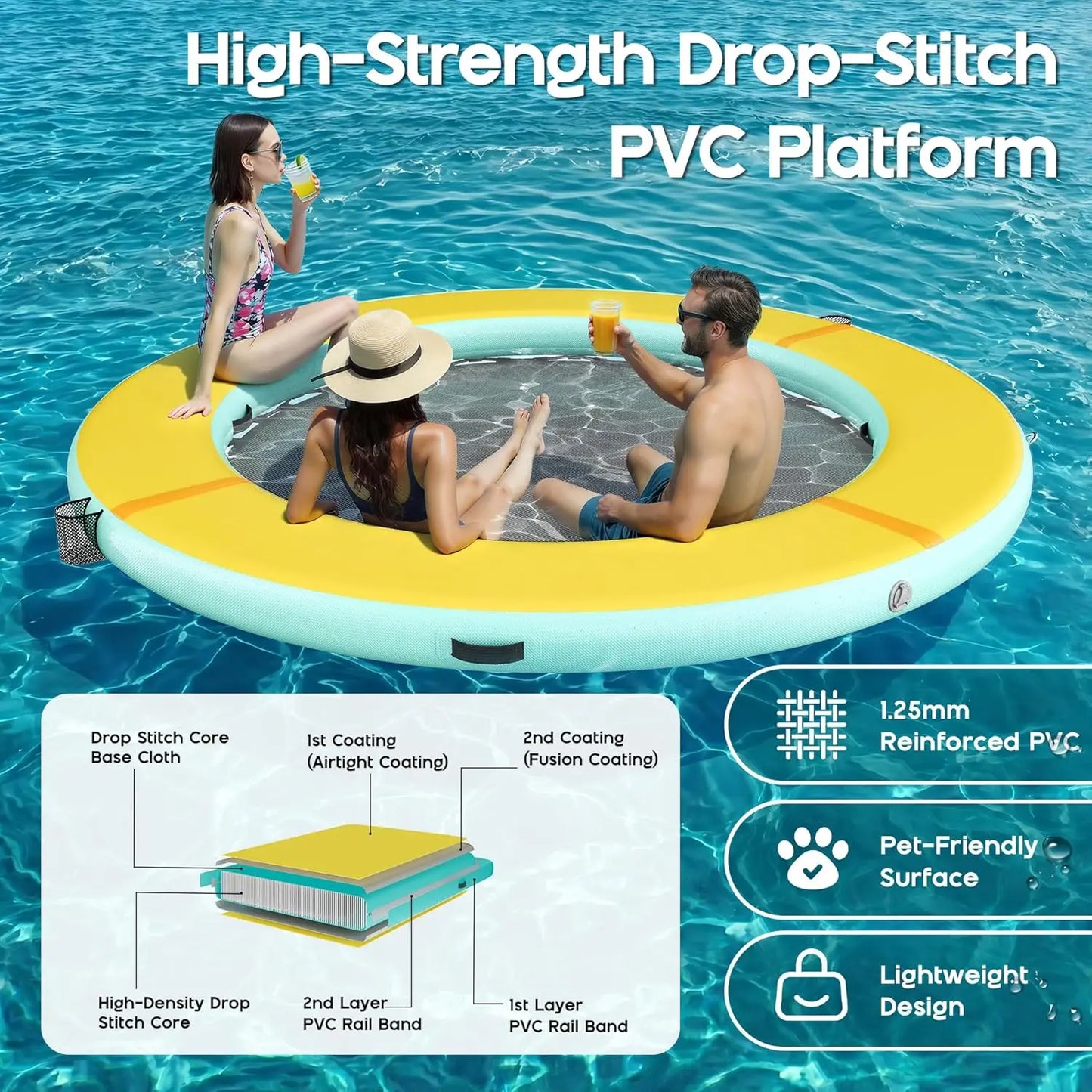 Inflatable Water Hammock Float with Soft Ladder, Cup Holders and Mat Center, Round & Hexagon Lake Raft for 4–10, Customized