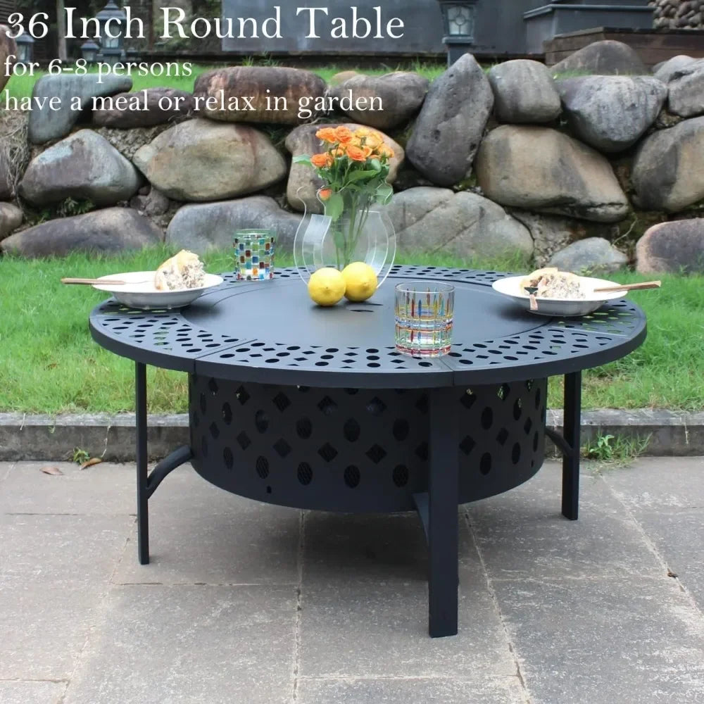 Fire Pit with 2 Grills, Lid, Poker and Waterproof Cover