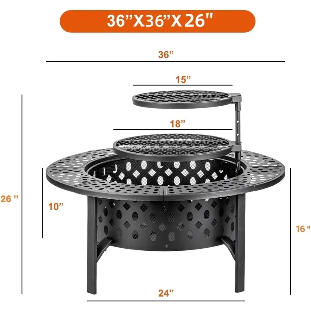 Fire Pit with 2 Grills, Lid, Poker and Waterproof Cover