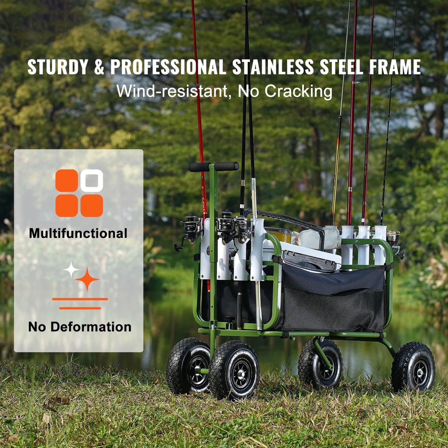 SucceBuy 300 LBS Folding Beach Fishing Cart | 4 Big Wheels | 8 Rod Holders | Sand Pier Wagon