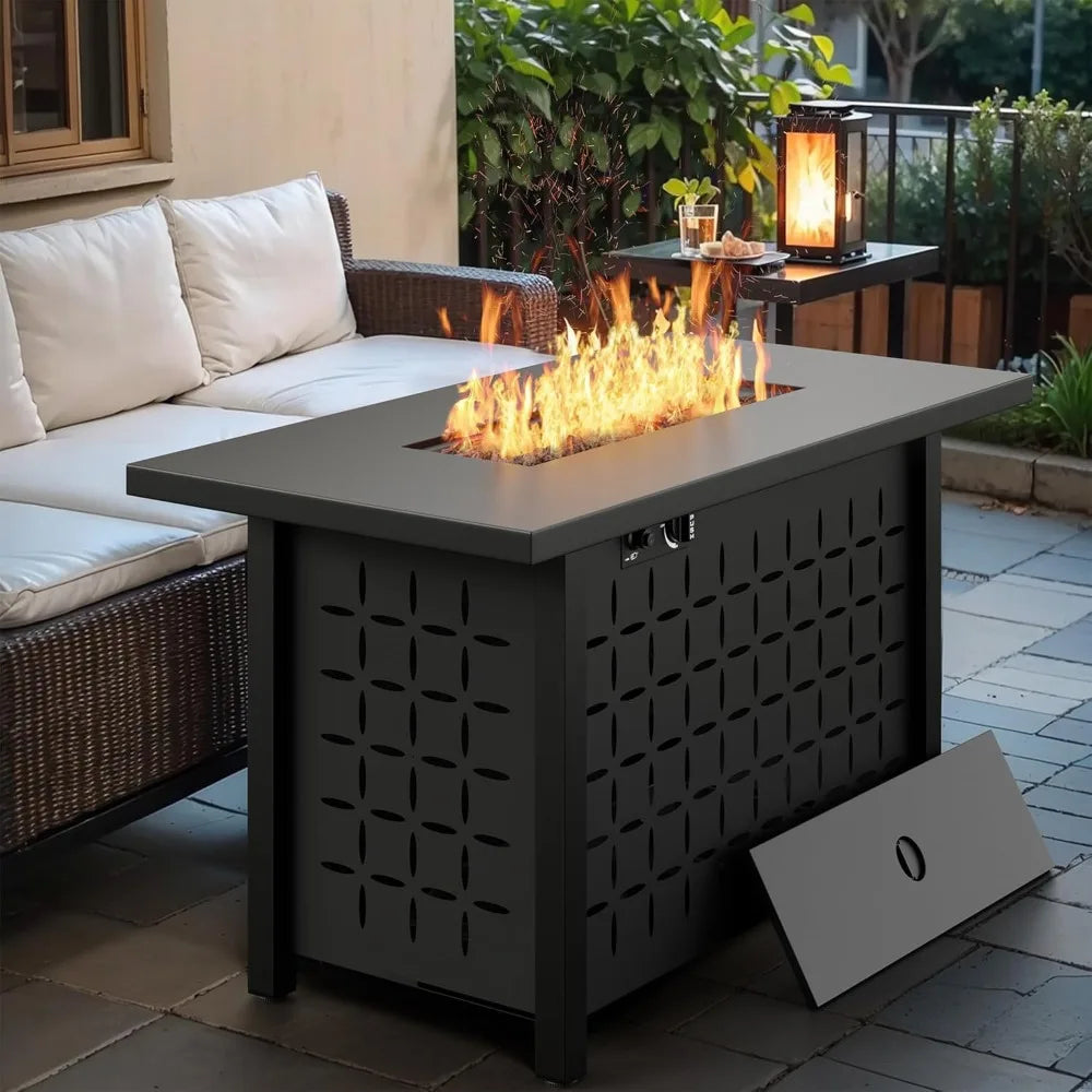 43 inch Gas Fire Pit Table, 50,000 BTU Outdoor Rectangular Propane Firepit Table with Lid, Glass Wind Guard