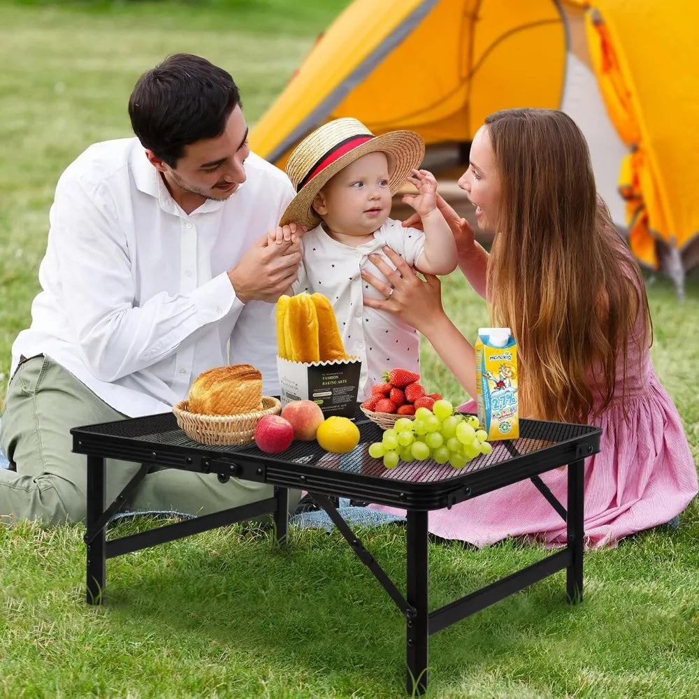 Portable Folding Camping Table | Height Adjustable Metal Mesh Top for Outdoor Cooking & Picnic
