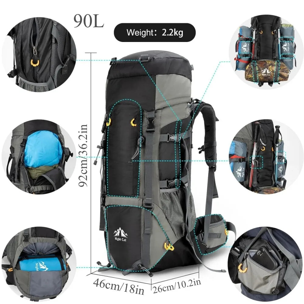 Night Cat 70L / 90L Hiking Backpack with Internal Frame – Waterproof & Lightweight