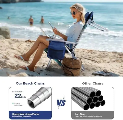 2-Pack Folding Beach Chairs with Insulated Cooler & Cup Holder | 350 lb Backpack Sand Chairs