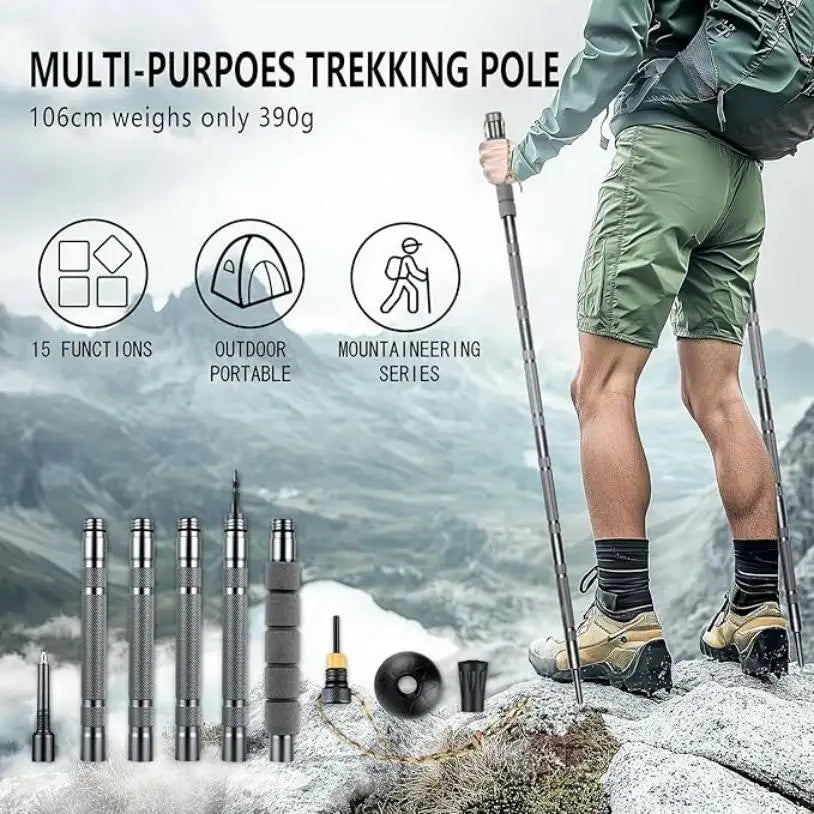 Multi-Purpose Trekking Pole with Compass, Flint and Screwdriver