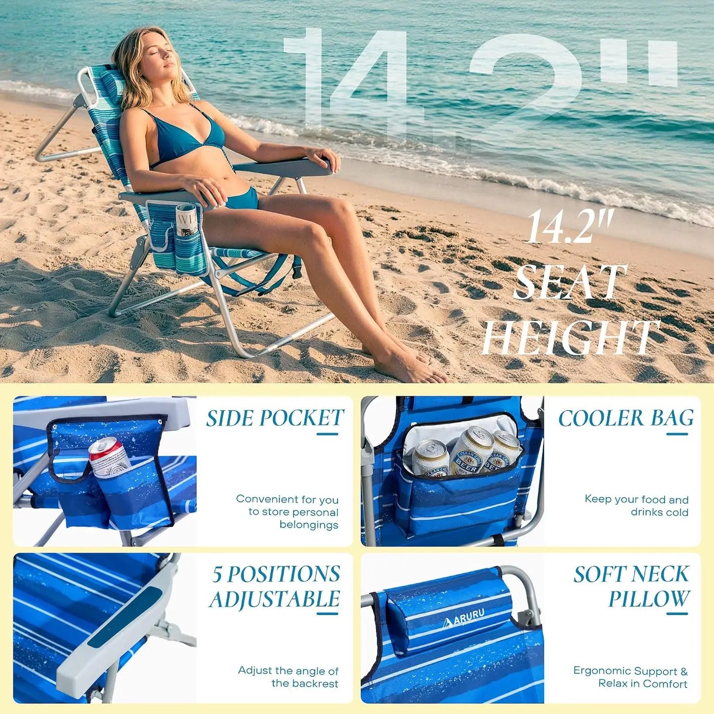 Tall Beach Chairs for Adults 2 Pack — 5-Position Lay Flat High Seat with Cooler