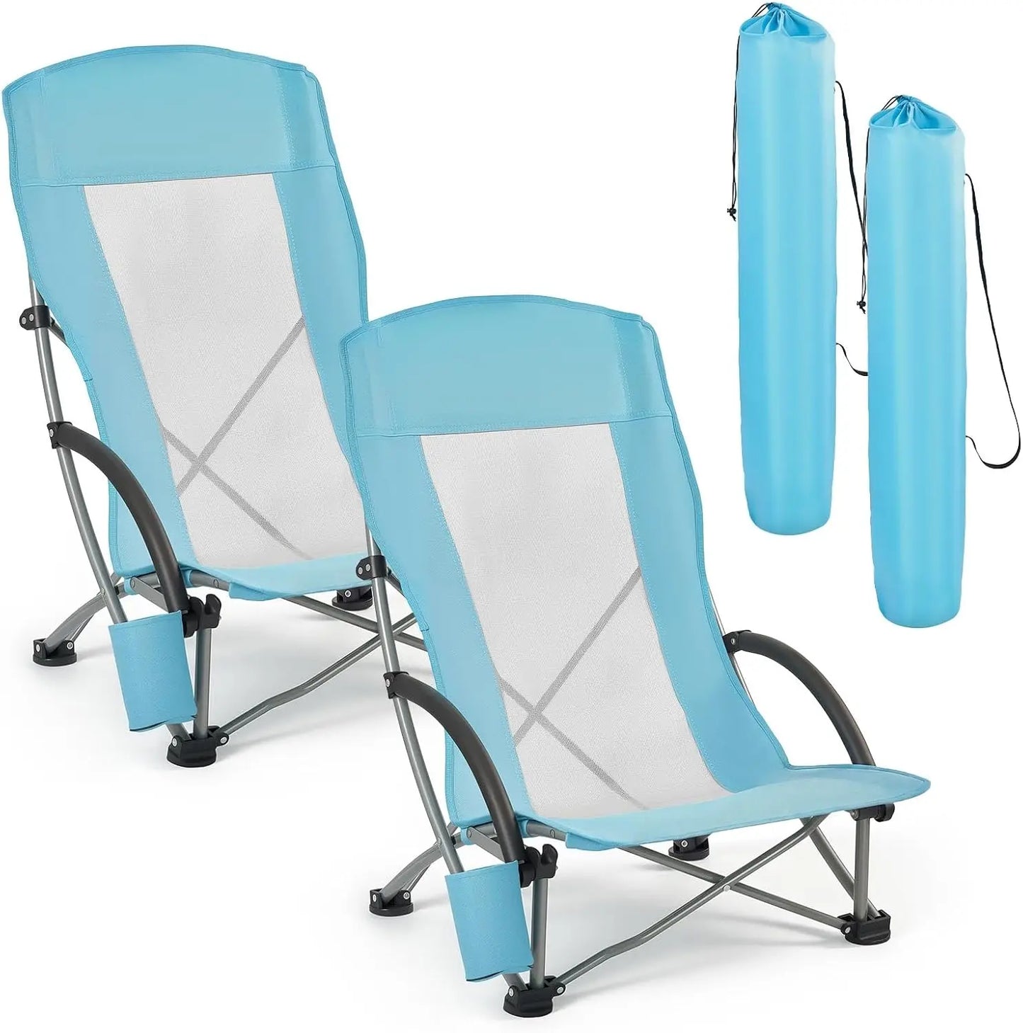 High Back Folding Beach Chair — Mesh Back, Cup Pocket & Carry Bag (1 or 2 Pack)