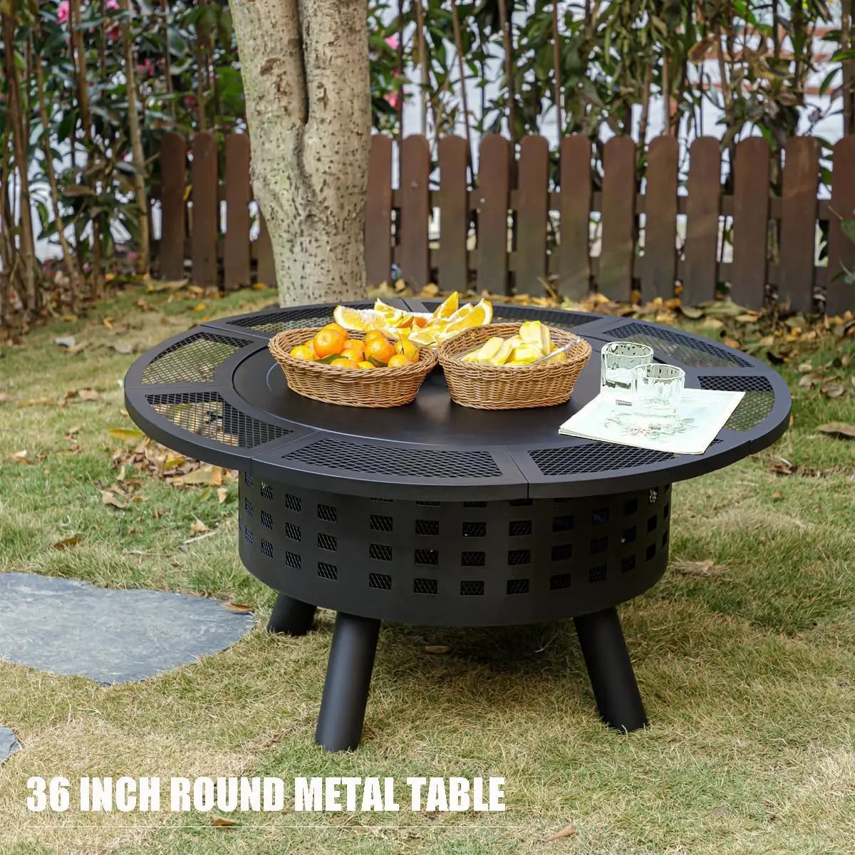 36" 3-in-1 Wood Burning Fire Pit with Grill Grate, Lid & Fire Poker