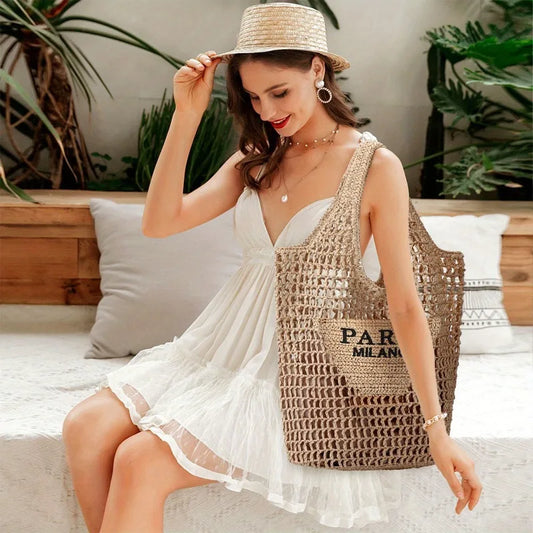 Summer Straw Beach Bag – Woven Tote with Hollow-Out Design for Beach, Travel & Holiday
