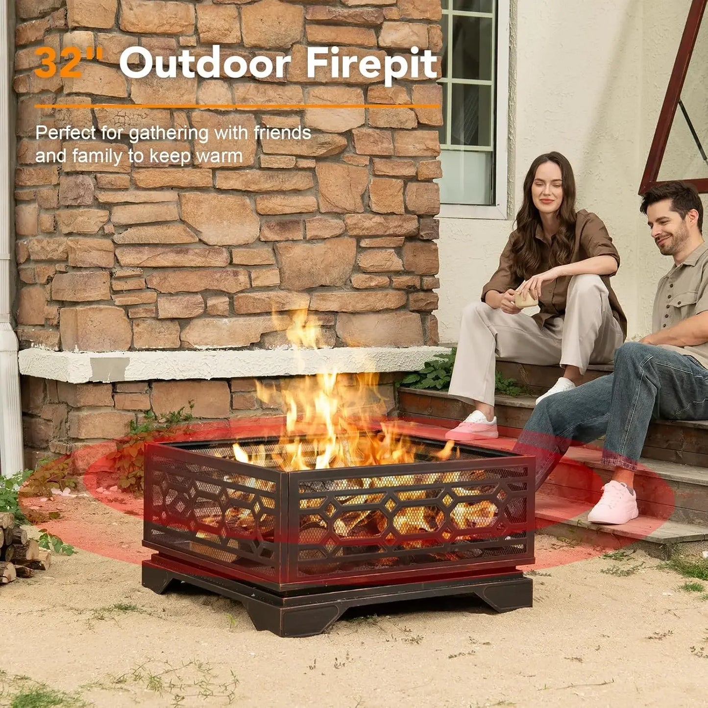 Outdoor Fire Pit, 32 Inch Wood Burning Firepit for Outside with Mesh Cover & Fire Poker, Large Square Metal, Customized