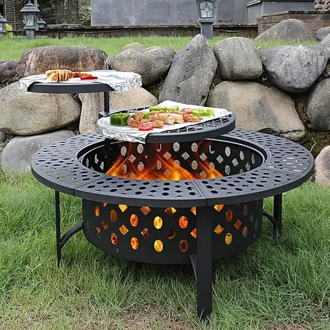 Fire Pit with 2 Grills, Lid, Poker and Waterproof Cover