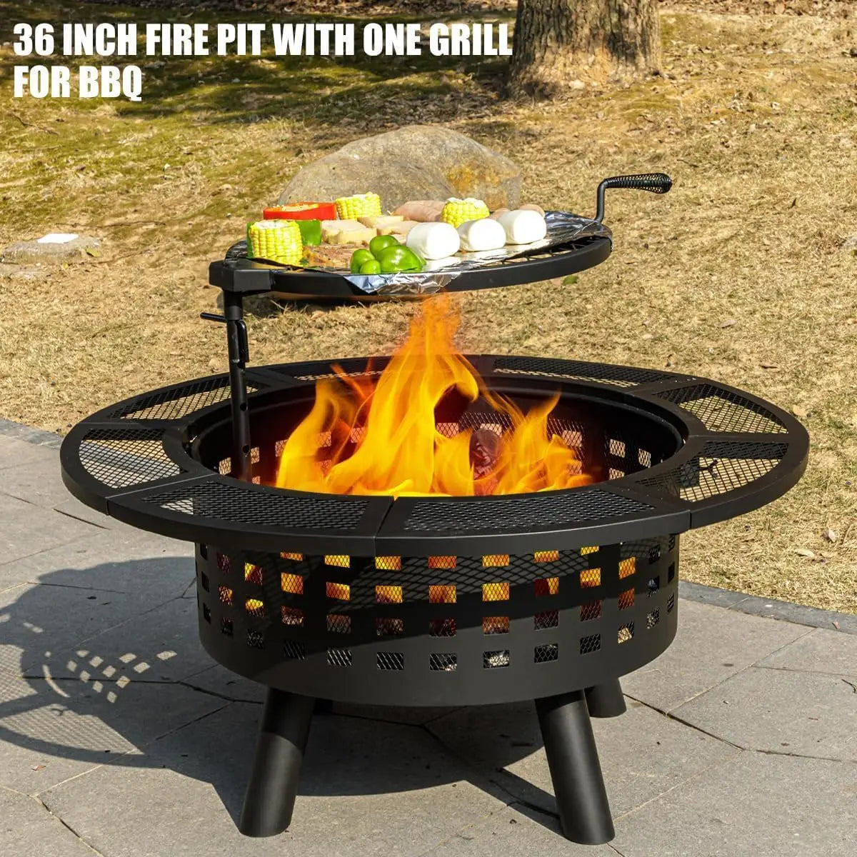 36" 3-in-1 Wood Burning Fire Pit with Grill Grate, Lid & Fire Poker