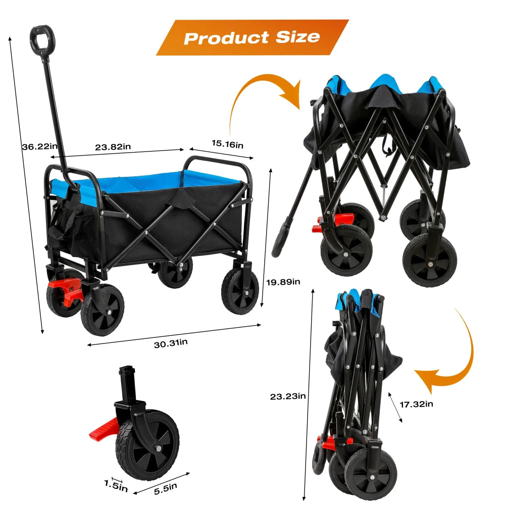 Folding Utility Wagon – 150 lb Capacity Beach, Garden & Camping Cart with Brakes