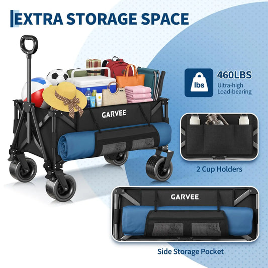 Heavy Duty Foldable Wagon Cart — 460 LBS / 280L All-Terrain with Brakes, Cover & Strap